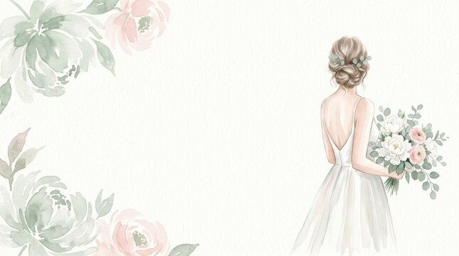 Watercolor illustration of a bride from behind in a white gown holding a bouquet, surrounded by floral corners. Perfect for wedding invitations, bridal showers, or romantic design projects.