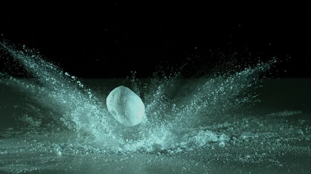 Small white snowball hitting a flat surface creating a dramatic splash of snow dust against a dark background