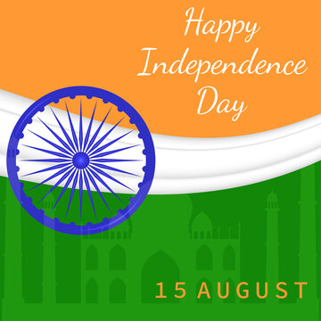 Indian Independence Day greeting card with national flag colors, Ashoka Chakra, and landmark silhouette. Patriotic design for 15 August, banners, posters, and invitations.