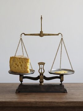 Balance scale with a large slice of cheese on one side and a small piece on the other. Shrinkflation concept background. Ideal for food, dairy, or measurement themed design projects.