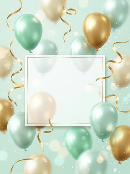 Light green background with mint green and gold balloons, golden ribbons, and a blank frame. Perfect for celebrations, events, or greeting cards with a modern elegant touch.