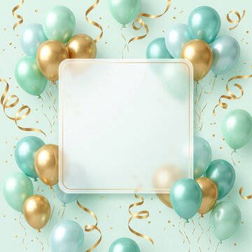 Light green background with mint green and gold balloons, golden ribbons, and a blank frame. Perfect for celebrations, events, or greeting cards with a modern elegant touch.
