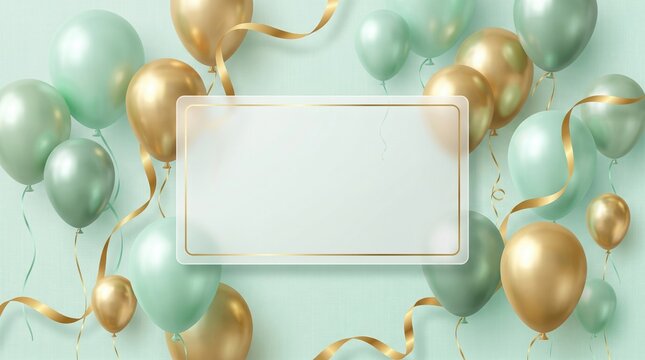 Light green background with mint green and gold balloons, golden ribbons, and a blank frame. Perfect for celebrations, events, or greeting cards with a modern elegant touch.