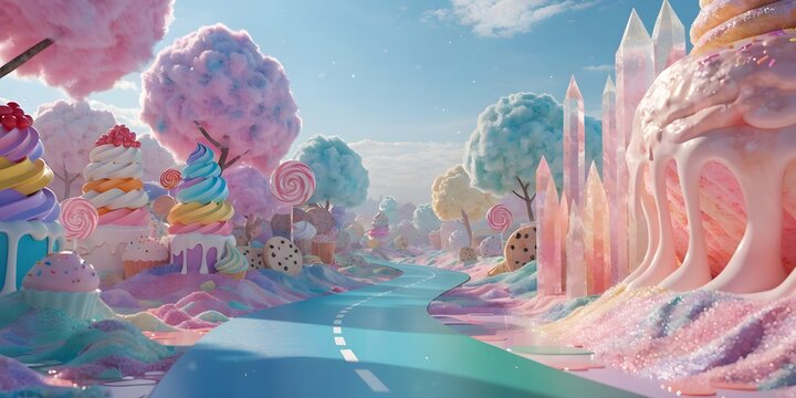 Fantasy dreamland with sweet candy road.