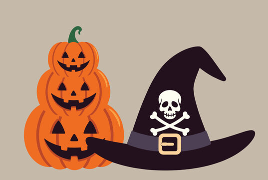 Festive Halloween illustration displaying a stack of three carved jack-o-lantern pumpkins next to a large black witch hat.
