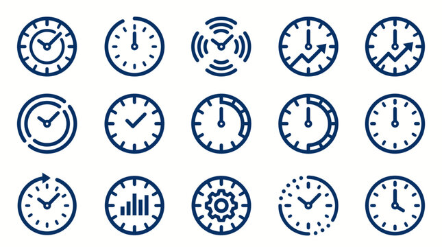 Collection of various clock icons in blue on a for time and schedule concepts