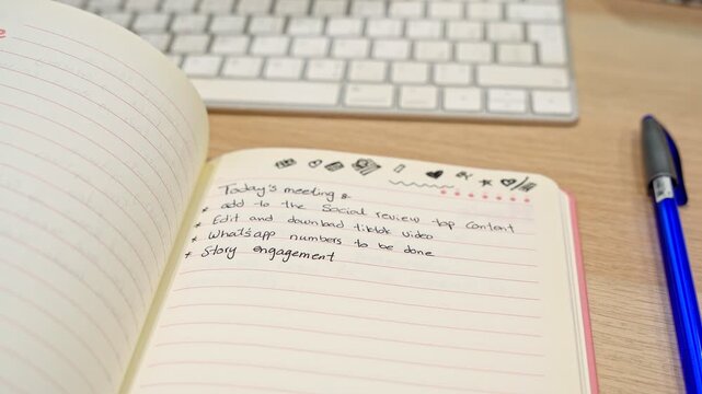 A close up view of handwritten meeting notes in an open lined notebook. The paper planner rests on a wooden office desk beside a blue pen and blurred white computer keyboard.