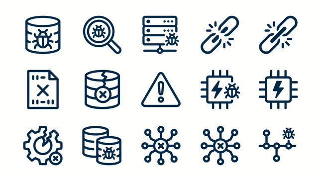 Collection of various computer icons representing malware, viruses, and cyber attacks on a with dark blue lines