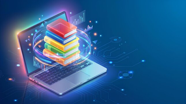 Futuristic digital library e-learning concept with glowing books flying out of laptop visualizing ai edtech online schooling and modern data science education