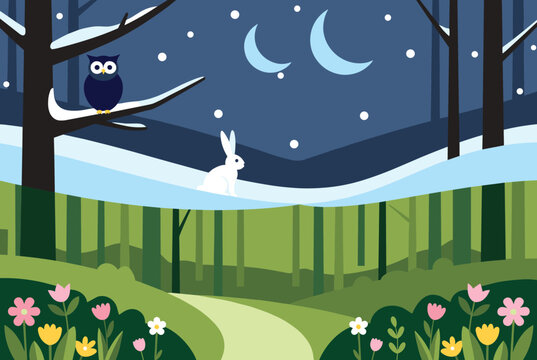 contrast background showing snowy winter forest at night with owl and rabbit above a vibrant green spring meadow with flowers.