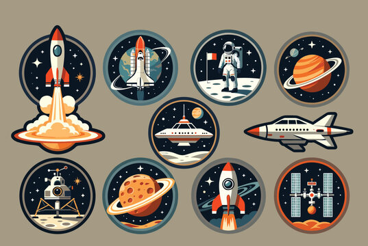 set of circular space mission patches and stickers featuring astronaut, rocket launch, shuttle, and planets.