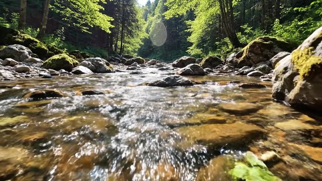 A clear mountain stream flows over smooth river stones