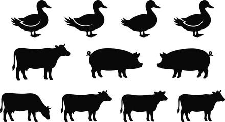 Fototapeta premium Black Silhouette Farm Animal Icon Set with Duck, Cow, and Pig in Multiple Poses on White Background Black Silhouette Farm Animal Icon Set with Duck, Cow, and Pig in Multiple Poses on White Background