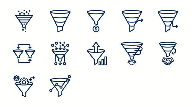 A collection of various business funnel icons in a line style, representing marketing and sales processes