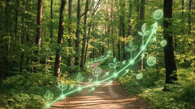 Conceptual 3D illustration of an upward rising green arrow graph with ecology and coin icons floating over a dirt path in a lush forest