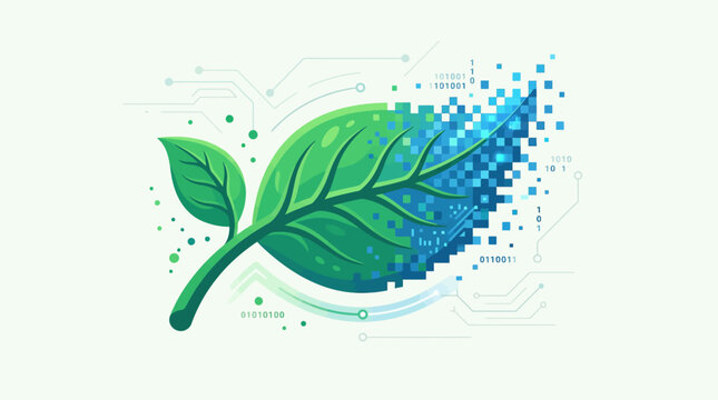 A digital green leaf transforming into binary code on a light background