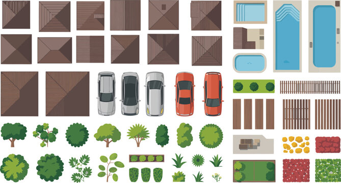 Comprehensive top down landscape and architectural design element set with roofs, pools, and cars.
