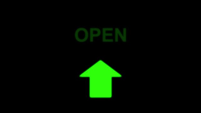 Bright green open text animation with upward arrow indicator on a black background representing successful access or launch.