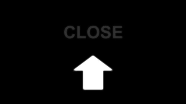 Minimalist white close text with upward pointing arrow icon on a solid black background digital interface.