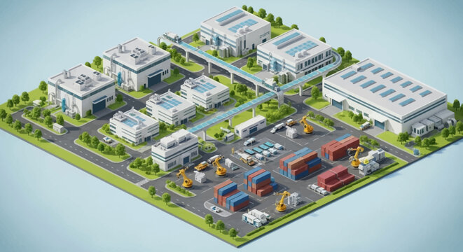 Isometric industrial park with factory buildings and logistics hub.