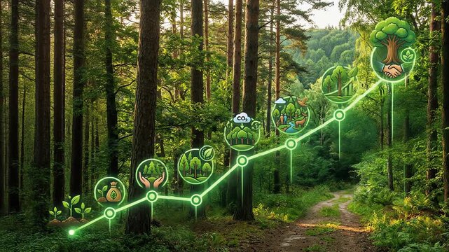 Conceptual 3D illustration of a rising green trend line graph with circular ecology icons in a lush dense forest background