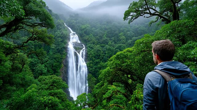 Traveler admires waterfall in dense forest on misty day in nature Generative AI