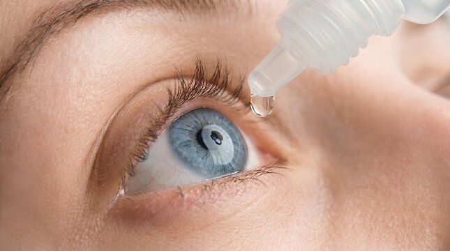Close-up of a person applying hydrating eye drops into a eye using a plastic dropper bottle