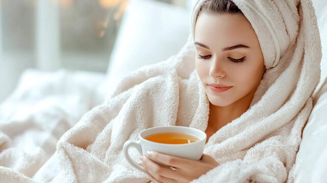 Woman holds cup of tea while sitting in bed in a cozy room Generative AI