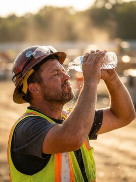 A construction worker pours water from a bottle over his face on a hot day

