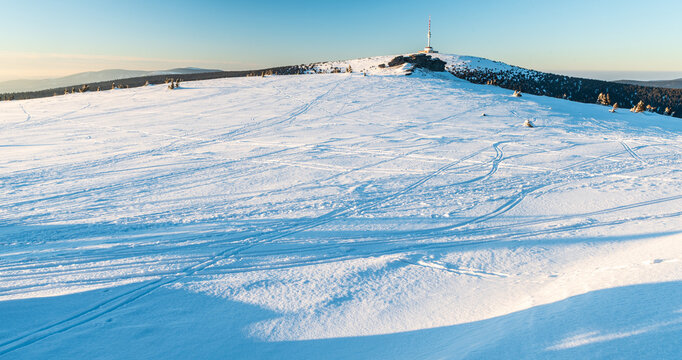 Petrovy kameny and Praded in winter Jeseniky mountains in Czech republic