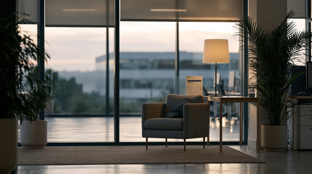 An empty startup accelerator floor stretches toward large windows at dawn, single desk lamp illuminating a founder still asleep slumped over a NPS dashboard printout, perfect for