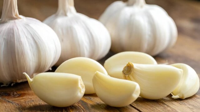 Fresh garlic bulbs and peeled cloves on rustic wooden table