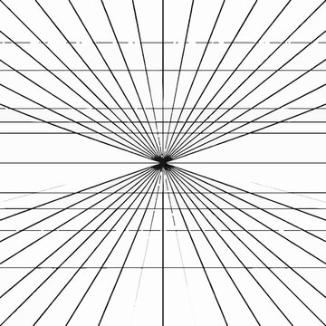 Abstract geometric perspective grid with converging lines and vanishing point in black and white.