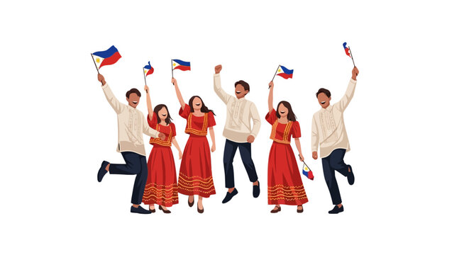Filipino people celebrating with Philippines flags, group of happy Filipinos in traditional Barong Tagalog and Filipiniana dress, national holiday vector