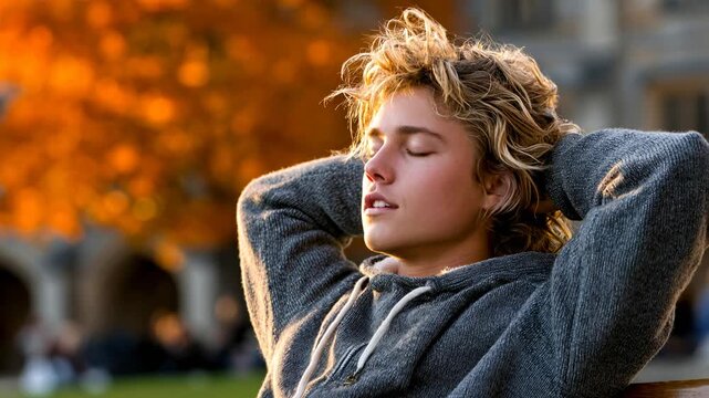 Young man enjoys fresh air outside on a sunny day in autumn Generative AI