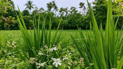 Obraz premium A worm s eye view captures the lush greenery and vibrant blooms of a rice paddy surrounded by natural elements
