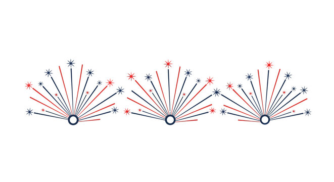 Patriotic fireworks vector set, red white and blue firework bursts, festive 4th of July celebration icons for holiday party invitations