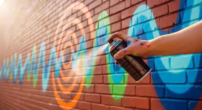 Artist using a spray paint can to create colorful graffiti on a brick wall