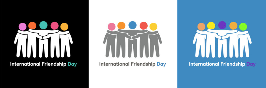 International friendship day banner set with diverse group of people hugging vector icon typography