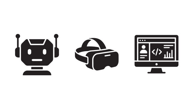 Artificial Intelligence Robot VR Headset and Monitor Icons Vector for Technology Expo and Software Development Concepts