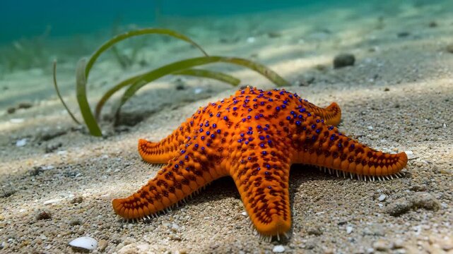 Orange starfish with blue spots on the sandy seabed