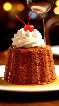 Detailed Close Up Of Pouring Rum Syrup Over A Baba Au Rhum Cake In Closeup With Sponge Soaking Up Liquid Whipped Cream Dollop And Cherry Ready To Serve