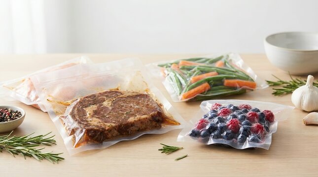 vacuum-sealed steak, vegetables and berries on the kitchen table

