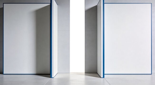 Split Screen Panels. Two clean panels divide the scene with a wide blank column for copy