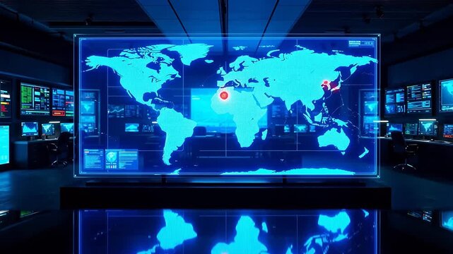 Control room with world map display