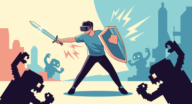 Young man using a virtual reality headset to battle pixelated monsters with a digital sword and shield in a futuristic city.