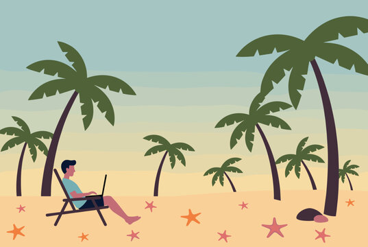 Freelance developer working on a laptop from a relaxing beach chair under tropical palm trees.