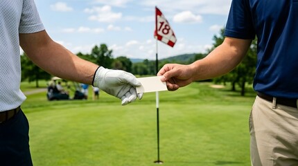 Obraz premium Two golfers shaking hands on a sunny golf course.