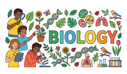 Fototapeta premium Biology Typographic Header with Students Exploring Anatomy and Botany Flat Vector Illustration