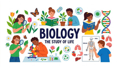 Fototapeta premium Biology Education Header with Anatomy and Botany Study Concepts Vector Illustration